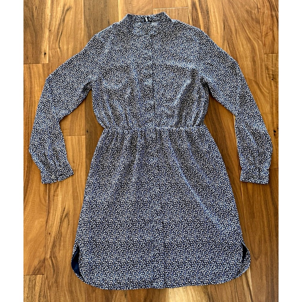 Ann Taylor Navy Floral Shirt Dress Collared Long Sleeve Button Front Sz S